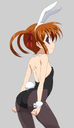 Rule 34 | 00s, 1girl, animal ears, ass, back-seamed legwear, black pantyhose, blue eyes, brown hair, detached collar, fake animal ears, flat chest, from behind, highres, leotard, long hair, lyrical nanoha, mahou shoujo lyrical nanoha, pantyhose, playboy bunny, rabbit ears, rabbit tail, revision, seamed legwear, simple background, solo, sunson, tail, takamachi nanoha, twintails, wrist cuffs
