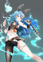 Rule 34 | 10s, 1girl, :o, animal ears, black pantyhose, blue hair, bracelet, comah, crop top, erune, ferry (granblue fantasy), fishnet pantyhose, fishnets, flower, granblue fantasy, hitodama, jewelry, pantyhose under shorts, long hair, microphone, navel, necklace, open mouth, pantyhose, pantyhose under shorts, rabbit ears, rose, shorts, single thighhigh, solo, studded bracelet, thighhighs, vest, yellow eyes