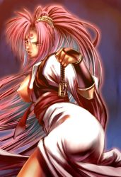 Rule 34 | 1girl, arc system works, armor, baiken, breasts, breasts out, chiba toshirou, guilty gear, hip focus, japanese armor, japanese clothes, kimono, kote, large breasts, long hair, nipples, one-eyed, open clothes, open kimono, pink eyes, pink hair, ponytail, scar, scar across eye, scar on face, solo, sword, very long hair, weapon