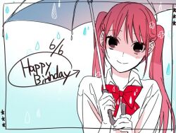 Rule 34 | 1girl, ayasaki remi, bow, bowtie, closed eyes, collared shirt, commentary request, dated, hagiwara daisuke, hands up, happy birthday, holding, holding umbrella, hori-san to miyamura-kun, long hair, looking at viewer, pink hair, rain, red bow, red bowtie, shirt, smile, solo, split mouth, star (symbol), twintails, umbrella, upper body
