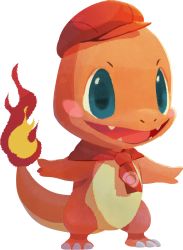 Rule 34 | artist request, blue eyes, blush, blush stickers, cabbie hat, charmander, clothed pokemon, creatures (company), fangs, fire, flame-tipped tail, full body, game freak, gen 1 pokemon, happy, hat, neckerchief, nintendo, no humans, official art, open mouth, poke ball symbol, poke ball theme, pokemon, pokemon (creature), pokemon cafe remix, red hat, red neckerchief, simple background, smile, solo, standing, transparent background