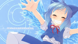 Rule 34 | circled 9, 1girl, blue hair, blush, bow, cirno, english text, closed eyes, grin, hair bow, highres, ice, ice wings, neck ribbon, outstretched arms, outstretched hand, ribbon, senhaku, short hair, skirt, skirt set, smile, solo, touhou, upper body, wings
