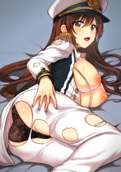 Rule 34 | 10s, 1girl, ass, black panties, blush, breasts, breasts out, brown eyes, brown hair, cameltoe, commentary request, epaulettes, hat, highres, idolmaster, idolmaster cinderella girls, idolmaster cinderella girls starlight stage, large breasts, long hair, looking at viewer, military, military hat, military uniform, naval uniform, nipples, nitta minami, open mouth, panties, peaked cap, revision, seizon honnou valkyria, shirt, smile, solo, torn clothes, torn shirt, umihal, underwear, uniform