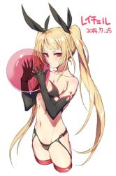 Rule 34 | 1girl, bare shoulders, bikini, black bikini, black gloves, black ribbon, blazblue, blunt bangs, breasts, claws, cleavage, collarbone, cowboy shot, cropped legs, elbow gloves, gloves, hair ribbon, jou (mono), long hair, looking at viewer, navel, rachel alucard, red eyes, red thighhighs, ribbon, sideboob, small breasts, solo, swimsuit, thighhighs, twintails, white background