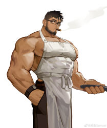 Rule 34 | 1boy, apron, bara, beard, cigar, covered abs, covered navel, dark-skinned male, dark skin, facial hair, feet out of frame, glasses, highres, large hands, large pectorals, looking at viewer, male focus, mature male, muscular, muscular male, nipples, original, pectorals, short hair, sidepec, smoke, smoking, solo, thick eyebrows, undercut, white apron, xianyusamuel