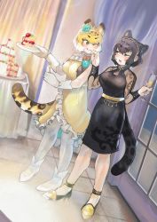 Rule 34 | 2girls, ;q, absurdres, alternate costume, animal ears, bare shoulders, black dress, black hair, black jaguar (kemono friends), blonde hair, blue eyes, breasts, cake, cake slice, cat girl, cleavage, cleavage cutout, clothing cutout, colored inner hair, contemporary, cup, curtains, dress, drink, drinking glass, dutch angle, extra ears, fang, flower, food, food on face, fork, formal, frilled dress, frills, full body, gem, gloves, hair flower, hair ornament, hairband, half-closed eyes, halterneck, hands up, high heels, highres, holding, holding cup, holding fork, holding plate, igarashi (nogiheta), indoors, jaguar (kemono friends), jaguar ears, jaguar girl, jaguar tail, jewelry, kemono friends, long sleeves, looking at another, medium dress, medium hair, multicolored hair, multiple girls, one eye closed, open mouth, pantyhose, pearl (gemstone), plate, raised eyebrow, see-through, see-through sleeves, sidelocks, smile, standing, strapless, strapless dress, tail, tongue, tongue out, watch, white hair, white legwear, window, wine glass, wristwatch, yellow dress, yellow eyes
