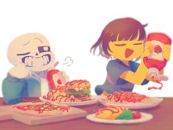 Rule 34 | 1boy, 1other, 8osakana san8, = =, androgynous, blue hoodie, blue jacket, brown hair, burger, closed eyes, colored skin, food, french fries, frisk (undertale), holding, hood, hoodie, jacket, ketchup, long sleeves, omelet, omurice, one eye closed, pasta, pizza, plate, sans (undertale), shirt, short hair, simple background, skeleton, smile, spaghetti, sparkle, striped clothes, striped shirt, sweater, tomato, undertale, white background, white shirt, yellow skin, you&#039;re doing it wrong