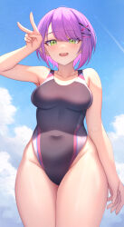 Rule 34 | 1girl, absurdres, aoi zerii, bare shoulders, black one-piece swimsuit, blush, breasts, collarbone, covered navel, from below, gradient hair, green eyes, hair ornament, hairclip, highleg, highleg swimsuit, highres, hololive, looking at viewer, medium breasts, multicolored hair, one-piece swimsuit, open mouth, pink hair, purple hair, short hair, smile, solo, swept bangs, swimsuit, thighs, tokoyami towa, v, virtual youtuber, x hair ornament