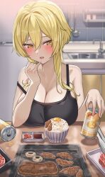 Rule 34 | 1girl, absurdres, alternate breast size, bare shoulders, beer can, black tank top, blonde hair, blush, breast rest, breasts, breasts on table, can, cleavage, cooking, drink can, drunk, food, genshin impact, grilling, hair between eyes, highres, large breasts, looking at viewer, lumine (genshin impact), o-los, open mouth, short hair, short hair with long locks, sidelocks, solo, tank top, yellow eyes