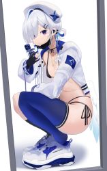Rule 34 | 1girl, absurdres, amane kanata, amane kanata (work), beret, bikini, black bikini, blue hair, blue thighhighs, cellphone, colored inner hair, earphones, eyes visible through hair, flat chest, gloves, grey hair, hair ornament, hair over one eye, hair rings, hairclip, hat, highres, holding, holding phone, hololive, hood, hoodie, jacket, jewelry, mask, medium hair, micro bikini, midriff, mouth mask, multicolored hair, necklace, open clothes, open jacket, panties, partially fingerless gloves, phone, purple eyes, shoes, single thighhigh, sneakers, solo, squatting, string panties, surgical mask, swimsuit, thighhighs, tojo aoi, underwear, virtual youtuber, wireless earphones