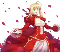 Rule 34 | 10s, 1girl, ahoge, bible (pixiv), blonde hair, breasts, cleavage, dress, epaulettes, fate/extra, fate (series), green eyes, hair ribbon, kotera ryou, nero claudius (fate), nero claudius (fate) (all), nero claudius (fate/extra), outstretched hand, petals, ribbon, see-through, solo