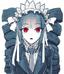 Rule 34 | 1girl, bad id, bad twitter id, black hair, blunt bangs, bonnet, celestia ludenberg, center frills, collared shirt, commentary request, danganronpa: trigger happy havoc, danganronpa (series), drill hair, frills, gothic lolita, gwanlamcha, jacket, lolita fashion, long hair, long sleeves, looking at viewer, lower teeth only, necktie, open mouth, red eyes, shirt, simple background, solo, spot color, teeth, twin drills, twintails, upper body, white background