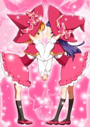 Rule 34 | 2girls, asahina mirai, black socks, blonde hair, blunt bangs, bow, capelet, commentary request, face-to-face, from side, full body, hand on headwear, hand up, hat, hat bow, hat ribbon, high-waist skirt, holding hands, interlocked fingers, izayoi liko, kneehighs, leaning forward, light particles, long hair, long sleeves, looking at viewer, looking to the side, mahou girls precure!, mary janes, matching outfits, multiple girls, parted lips, pink background, pink bow, pink eyes, pink ribbon, pink skirt, precure, purple eyes, purple hair, red capelet, red footwear, red hat, ribbon, shirt, shoes, short hair, sideways glance, skirt, socks, standing, symmetrical hand pose, white shirt, witch hat, yuri, yuto (dialique), zoom layer