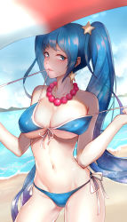 Rule 34 | 1girl, absurdres, arcade sona, beach, bead necklace, beads, bikini, bikini in mouth, blue bikini, blue eyes, blue hair, breasts, cleavage, clothes in mouth, cowboy shot, day, dymao, earrings, hair ornament, highres, jewelry, large breasts, league of legends, lips, long hair, looking to the side, navel, necklace, ocean, outdoors, seductive smile, side-tie bikini bottom, sky, smile, solo, sona (league of legends), star (symbol), star earrings, star hair ornament, swimsuit, twintails, underboob, untied bikini, very long hair