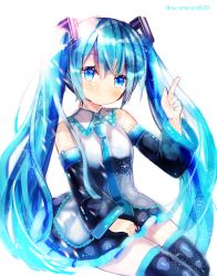 Rule 34 | 1girl, bare shoulders, black skirt, black thighhighs, blue eyes, blue hair, blue necktie, blush, closed mouth, collared shirt, commentary request, detached sleeves, grey shirt, hair between eyes, hair ornament, hatsune miku, head tilt, highres, index finger raised, kohaku muro, long hair, long sleeves, looking at viewer, necktie, pleated skirt, shirt, simple background, skirt, sleeveless, sleeveless shirt, smile, solo, thighhighs, twintails, twitter username, very long hair, vocaloid, white background, wide sleeves