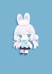 Rule 34 | 1girl, animal ear fluff, animal ears, black footwear, black skirt, blue background, blue bow, blue eyes, blush stickers, bow, chibi, commentary request, double bun, drop shadow, grey hair, hair bun, hair ornament, hairclip, highres, jitome, long hair, long sleeves, loose socks, low twintails, nakkar, original, plaid, plaid bow, puffy long sleeves, puffy sleeves, rabbit ears, shirt, shoes, simple background, skirt, socks, solo, standing, sweater vest, twintails, twitter username, very long hair, watermark, white shirt, white socks