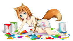 Rule 34 | 1girl, all fours, animal ears, arm support, bad id, bad pixiv id, bandaid, bandaids on nipples, bare arms, bare legs, bare shoulders, barefoot, blush, braid, breasts, collarbone, downblouse, dress, eyebrows, fox ears, fox tail, full body, holding, holding brush, long hair, multicolored clothes, multicolored dress, nakareki, no bra, original, paint can, paintbrush, pasties, simple background, single braid, sleeveless, sleeveless dress, small breasts, solo, sundress, tail, weapon