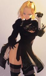 Rule 34 | 1girl, 2b (nier:automata) (cosplay), absurdres, adjusting hair, alternate costume, android 18, bare hips, black dress, black footwear, black gloves, black hairband, blonde hair, boots, breasts, cleavage, cleavage cutout, clothing cutout, cosplay, dragon ball, dragonball z, dress, gloves, gradient background, grey background, hairband, hara kenshi, highres, huge filesize, medium breasts, medium hair, mole, mole under mouth, nier:automata, nier (series), short dress, side slit, solo, standing, striped clothes, striped thighhighs, thigh boots, thighhighs, trait connection