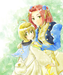 Rule 34 | 1boy, 1girl, ahoge, blonde hair, breasts, dress, eleanor hume, fingerless gloves, frills, gloves, green eyes, hair ornament, jacket, laphicet (tales), long hair, open mouth, red hair, smile, tales of (series), tales of berseria, twintails