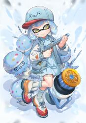 1girl artist_name baseball_cap blue_hair blue_hat blue_jacket blue_pupils blue_shirt blue_skirt closed_mouth collared_shirt commentary cross-laced_footwear full_body hat high_tops highres holding holding_weapon inkling inkling_girl inkling_player_character jacket jinkoika letterman_jacket long_sleeves multicolored_footwear n-zap_(splatoon) nintendo open_clothes open_jacket pointy_ears shirt shoes short_hair skirt skirt_set smile sneakers socks solo splatoon_(series) standing standing_on_one_leg super_chump_(splatoon) symbol-only_commentary tentacle_hair watermark weapon white_footwear white_socks yellow_eyes