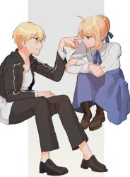 Rule 34 | 1boy, 1girl, ahoge, artoria pendragon (all), artoria pendragon (fate), black footwear, black jacket, black pants, blonde hair, blue ribbon, blue skirt, boots, brown footwear, collared shirt, cropped jacket, expressionless, fate/stay night, fate (series), finger to another&#039;s nose, gilgamesh (fate), green eyes, hair bun, hair ribbon, high-waist skirt, jacket, looking at another, momoka (abc momoka0718), neck ribbon, pants, pantyhose, red eyes, ribbon, saber (fate), shirt, sitting, skirt, smile, two-tone background, white shirt