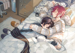 Rule 34 | 2boys, bed, black hair, blanket, book, cellphone, closed eyes, commentary request, drawer, earphones, ensemble stars!, hand on another&#039;s back, isara mao, long sleeves, lying, male focus, multiple boys, on bed, on side, open book, open mouth, partial commentary, phone, pillow, purple hair, sakuma ritsu, scarf, seuga, short hair, sleeping, slippers, smartphone, trash can, yaoi