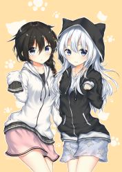 Rule 34 | 2girls, :o, absurdres, anchor, anchor symbol, animal hood, black hair, black hoodie, black shirt, blue eyes, blush, bow, braid, breasts, casual, cat hood, commentary request, cowboy shot, hair between eyes, hair bow, hair flaps, hair ornament, hairpin, hibiki (kancolle), highres, hood, hood up, hoodie, jewelry, kantai collection, long hair, long sleeves, looking at viewer, miniskirt, multiple girls, necklace, outline, parted lips, paw print, paw print background, pink skirt, pocket, remodel (kantai collection), shigure (kancolle), shirt, shorts, silver hair, single braid, skirt, sleeves past fingers, sleeves past wrists, small breasts, smile, standing, star (symbol), star print, twitter username, uzuki tsukuyo, white hoodie, white outline, white shirt, yellow background