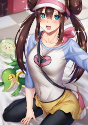 Rule 34 | + +, 1girl, :d, = =, bag, between breasts, between legs, black pantyhose, blue eyes, blue sleeves, blush, bow, breasts, brown hair, checkered floor, collarbone, commentary request, covered navel, creatures (company), double bun, game freak, gen 5 pokemon, hair between eyes, hair bun, hand between legs, handbag, hat, highres, indoors, inue ao, large breasts, long hair, looking at viewer, nintendo, on bed, open mouth, pantyhose, pantyhose under shorts, pink bow, poke ball print, pokemon, pokemon (creature), pokemon bw2, raglan sleeves, rosa (pokemon), selfie, shirt, short shorts, shorts, sidelocks, sitting, smile, snivy, solo focus, solosis, sparkle, strap between breasts, twintails, very long hair, visor cap, wariza, white shirt, yellow shorts