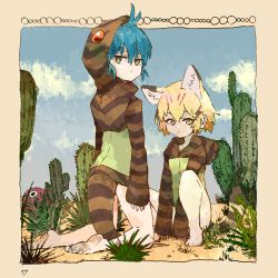 Rule 34 | 10s, 2girls, animal ears, artist request, ballpoint pen (medium), bare legs, barefoot, between legs, blonde hair, blue hair, cactus, cat ears, cat tail, cellien (kemono friends), commentary request, cosplay, elbow gloves, gloves, green eyes, hand between legs, highres, hood, hood down, hoodie, kemono friends, kneeling, long sleeves, multicolored hair, multiple girls, no shoes, sand cat (kemono friends), short hair, sitting, sleeves past wrists, snake tail, tail, toosk, traditional media, tsuchinoko (kemono friends), tsuchinoko (kemono friends) (cosplay), yellow eyes