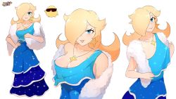 Rule 34 | 1girl, adapted costume, bare shoulders, blonde hair, blue dress, blush, breasts, cleavage, dress, earrings, hair over one eye, hand on own hip, highres, jewelry, long hair, looking at viewer, luma (mario), mario (series), medium breasts, multiple views, necklace, nintendo, parted lips, rosalina, signature, smile, sparkle, starlett, sunglasses, super mario galaxy