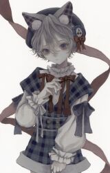 Rule 34 | 1boy, androgynous, animal ear fluff, animal ears, blue shorts, bow, cat ears, cowboy shot, grey hair, hat, highres, long sleeves, looking at viewer, male focus, mashiroi no, original, pale skin, plaid, purple eyes, red bow, red ribbon, ribbon, shirt, short hair, shorts, simple background, solo, white background, white shirt