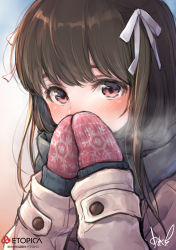Rule 34 | 1girl, absurdres, blush, breath, brown eyes, brown hair, close-up, coat, covering own mouth, enpera, hair ribbon, highres, long hair, looking at viewer, matching hair/eyes, mittens, original, ribbon, scarf, solo, two side up, umakuchi shouyu (into-rain), upper body