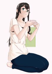 Rule 34 | 1girl, alternate costume, black hair, blouse, blue pants, collarbone, cup, from below, full body, hairband, holding, holding cup, kantai collection, long hair, looking at viewer, ojipon, ooyodo (kancolle), pants, seiza, shirt, sitting, solo, white hairband, white shirt, yunomi