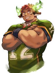 Rule 34 | 1boy, absurdres, animal ears, bara, brown hair, cow ears, cropped torso, crossed arms, facial hair, fiery horns, forked eyebrows, glowing horns, goatee, highres, horns, looking at viewer, male focus, muscular, pectorals, rugby uniform, short hair, sideburns, smile, solo, sportswear, thick eyebrows, tokyo houkago summoners, wakan tanka, white background, zoyu (wuedti)
