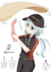 Rule 34 | 10s, 1girl, alternate costume, baseball cap, belt, black pants, blue eyes, closed mouth, commentary request, employee uniform, fast food uniform, food, hat, hibiki (kancolle), highres, horosho, kantai collection, long hair, pants, pizza, pizza hut, pokasu, short sleeves, silver hair, simple background, solo, translation request, twitter username, uniform, white background