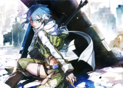 Rule 34 | 1girl, anti-materiel rifle, aqua eyes, aqua hair, belt, blue eyes, blue hair, blurry, blurry background, bolt action, breasts, bunbun, chaps, cropped jacket, day, fingerless gloves, gloves, green jacket, green pants, gun, hair between eyes, hair flaps, hair ornament, hairclip, highres, holding, holding gun, holding weapon, jacket, long sleeves, looking at viewer, looking back, making-of available, motion blur, open clothes, open jacket, outdoors, pants, parted lips, pgm hecate ii, rifle, scarf, scope, short hair, short shorts, shorts, sidelocks, sinon, small breasts, sniper rifle, solo, squatting, surprised, sword art online, weapon, white scarf