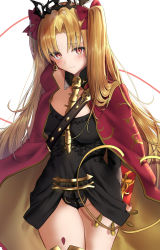 Rule 34 | 1girl, asymmetrical legwear, asymmetrical sleeves, between breasts, blonde hair, blush, box, breasts, cape, closed mouth, detached collar, earrings, ereshkigal (fate), fate/grand order, fate (series), faton, gift, gift box, gold trim, highres, holding, holding gift, hoop earrings, infinity symbol, jewelry, leotard, long hair, looking at viewer, parted bangs, red cape, red eyes, simple background, skull, solo, spine, thighs, tiara, two side up, uneven legwear, uneven sleeves, valentine, white background