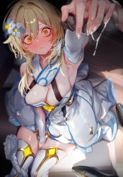 1boy 1girl absurdres bare_shoulders blonde_hair blush breasts caught commentary_request dress embarrassed female_masturbation flower full-face_blush genshin_impact hair_between_eyes hair_flower hair_ornament highres looking_at_viewer lumine_(genshin_impact) masturbation pottsness pussy_juice short_hair_with_long_locks solo_focus surprised sweat tartaglia_(genshin_impact) white_dress yellow_eyes