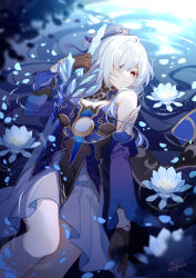 Rule 34 | 1girl, artist name, bare shoulders, black gloves, blue dress, blue sleeves, breasts, cleavage, closed mouth, commentary request, crystal sword, detached sleeves, dress, expressionless, feet out of frame, flower, gloves, gou lianlian dogface, highres, holding, holding sword, holding weapon, honkai: star rail, honkai (series), jingliu (honkai: star rail), large breasts, long hair, lotus, lying, medium breasts, night, on back, partially submerged, red eyes, signature, skirt, sword, water, weapon, white hair, white lotus, white skirt