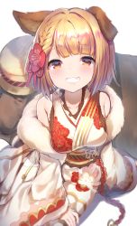 1girl alternate_costume animal_ears bare_shoulders blonde_hair blunt_bangs blurry blurry_foreground blush braid breasts coat commentary_request dog_ears erune flower fur_coat fur_collar granblue_fantasy hair_flower hair_ornament highres japanese_clothes kimono looking_at_viewer medium_breasts obi red_flower rope sash short_eyebrows short_hair simple_background sitting smile solo teeth thick_eyebrows topia vajra_(granblue_fantasy) white_background white_kimono yellow_eyes