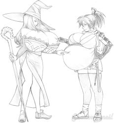 Rule 34 | 2girls, arm guards, breast poke, breasts, dragon&#039;s crown, female focus, full body, gigantic breasts, hat, long hair, manyuu chifusa, manyuu hikenchou, multiple girls, poking, ponytail, pregnant, sandals, shadowpencil, sorceress (dragon&#039;s crown), staff, stomach bulge, sweatdrop, sword, weapon, witch, witch hat