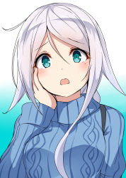 Rule 34 | 1girl, alternate costume, blue background, blue eyes, blue sweater, gradient background, hair tie, hand on own face, highres, kamelie, kantai collection, long hair, looking at viewer, mole, mole under eye, open mouth, parted bangs, sidelocks, silver hair, solo, sweater, umikaze (kancolle), upper body, white background