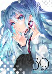 Rule 34 | 1girl, 39, blue eyes, blue hair, character name, earrings, hair between eyes, hatsune miku, jewelry, long hair, long sleeves, nail polish, parted lips, pink nails, solo, sweater, symbol-shaped pupils, twintails, tyouya, vocaloid, white sweater