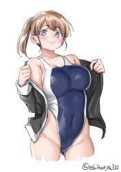 Rule 34 | 1girl, blue eyes, blue one-piece swimsuit, blush, breasts, brown hair, collarbone, competition swimsuit, covered navel, ebifurya, gluteal fold, grey jacket, highleg, highleg swimsuit, highres, intrepid (kancolle), jacket, kantai collection, large breasts, looking at viewer, one-piece swimsuit, ponytail, removing jacket, scrunchie, simple background, smile, smug, solo, standing, swimsuit, twitter username, upper body, white background