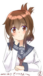 Rule 34 | 1girl, absurdres, anchor symbol, blue sailor collar, brown eyes, brown hair, commentary request, dated, folded ponytail, hand on own face, highres, inazuma (kancolle), kantai collection, long hair, looking at viewer, neckerchief, red neckerchief, sailor collar, sakurai nana (moshichi), school uniform, serafuku, simple background, solo, upper body, white background