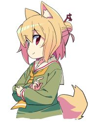 Rule 34 | 1girl, animal ear fluff, animal ears, blonde hair, blush, borrowed character, closed mouth, commentary request, cropped torso, fox ears, fox girl, fox tail, green shirt, hair between eyes, hair bun, hair ornament, highres, kemomimi-chan (naga u), long sleeves, necktie, orange necktie, original, red eyes, roku no hito, sailor collar, shirt, simple background, smile, solo, tail, upper body, white background, white sailor collar