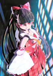 Rule 34 | 1girl, artist name, ascot, bare shoulders, black hair, blunt bangs, bow, breasts, chromatic aberration, cleavage, closed mouth, collarbone, detached sleeves, expressionless, eyes visible through hair, feet out of frame, from above, hair bow, hair tubes, hakkasame, hakurei reimu, highres, indoors, light particles, long hair, long sleeves, looking at viewer, medium breasts, midriff, pleated skirt, red bow, red eyes, red skirt, red vest, sideboob, sidelocks, skirt, solo, standing, touhou, very long hair, vest, wide sleeves, window, yellow ascot