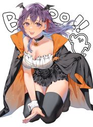 Rule 34 | 1girl, :d, bat wings, black cape, black choker, black skirt, black thighhighs, breasts, cape, choker, cleavage, collarbone, fangs, fate/stay night, fate (series), full body, hair ribbon, head wings, highres, kneeling, large breasts, long hair, matou sakura, no shoes, open mouth, orange cape, red ribbon, ribbon, shimatori (sanyyyy), skirt, smile, solo, teeth, thighhighs, upper teeth only, vampire, white background, wings, wrist cuffs