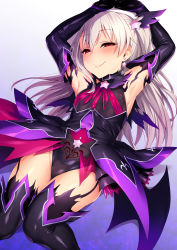 Rule 34 | 1girl, armpits, arms up, blue eyes, breasts, commentary request, corruption, dark persona, earrings, elbow gloves, fate/kaleid liner prisma illya, fate (series), garter straps, gloves, gradient background, hair between eyes, hair ornament, heart, heart tattoo, illyasviel von einzbern, jewelry, long hair, looking at viewer, lying, magical girl, on back, prisma illya, pubic tattoo, red eyes, satou kuuki, see-through, showgirl skirt, small breasts, smile, solo, tattoo, testament (fate), thighhighs, white hair