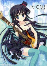 Rule 34 | 1girl, absurdres, akiyama mio, alternate legwear, black hair, blue eyes, blue thighhighs, blunt bangs, breasts, character name, cleavage, don&#039;t say &quot;lazy&quot;, dress, elbow gloves, english text, engrish text, gloves, guitar, hat, highres, instrument, k-on!, medium breasts, mini hat, mini top hat, mitha, ranguage, scan, single elbow glove, single glove, solo, thighhighs, top hat